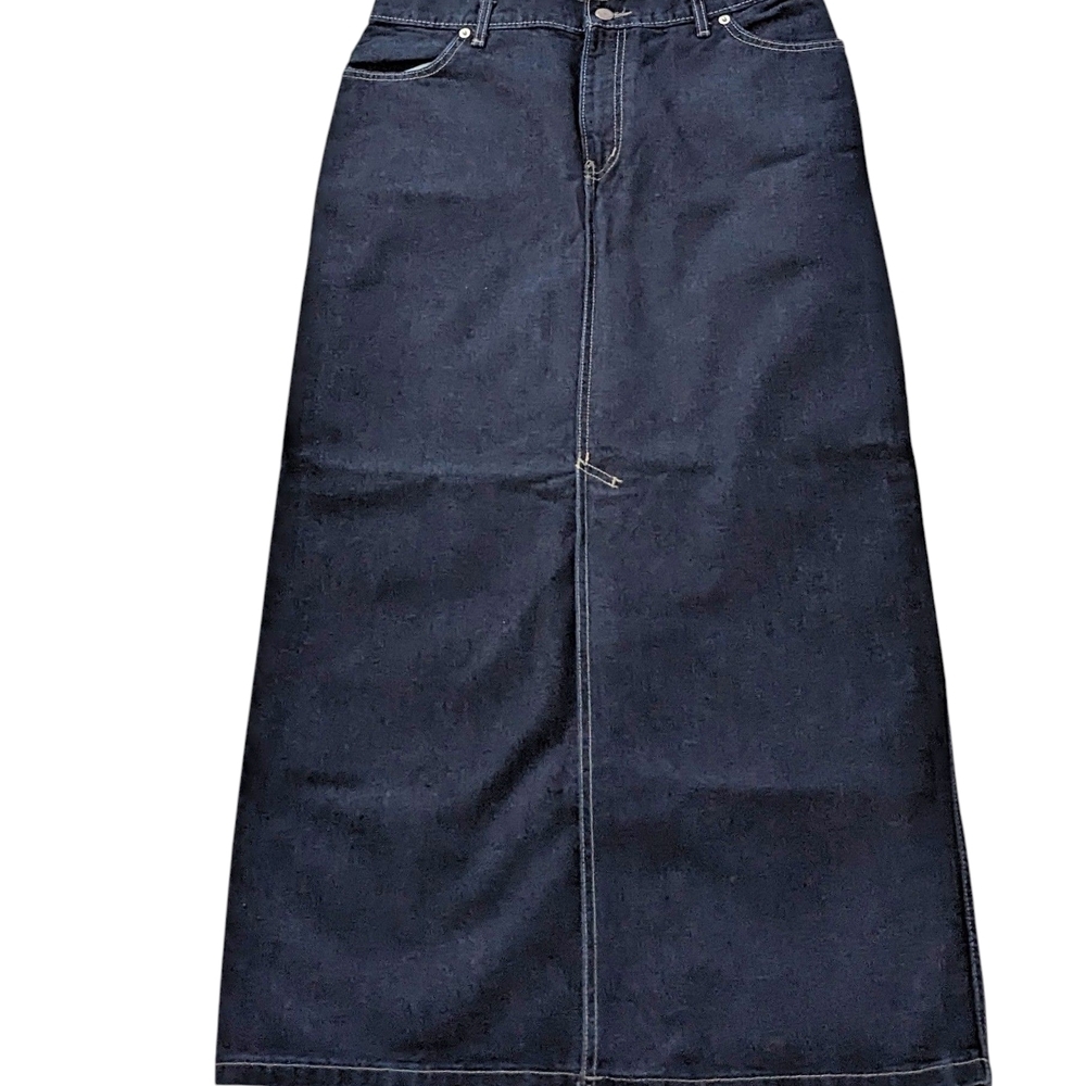 Vintage Darkwash Blue Jean Denim Maxi Skirt With Front Slit Size 11